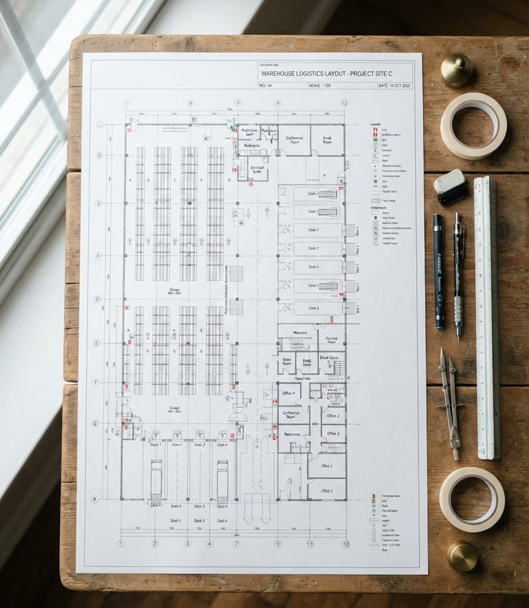 Top-down blueprint of a commercial warehouse layout with technical annotations, bright natural daylight, engineering tools on the side, 35mm crisp details