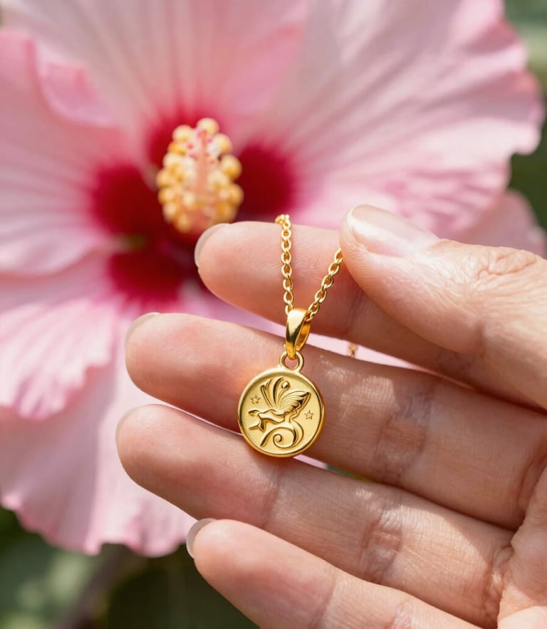 Macro close-up of hands holding a customized gold engraved necklace under warm natural sunlight, soft pink hibiscus petals in background