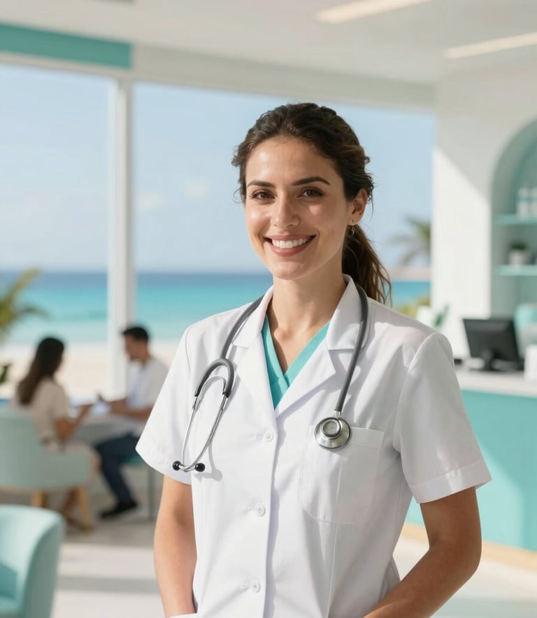 Warm editorial photography, bright coastal daylight, a professional female medical coordinator smiling warmly in a modern, sunlit clinic lobby in Cancun, soft turquoise accents, shallow depth of field