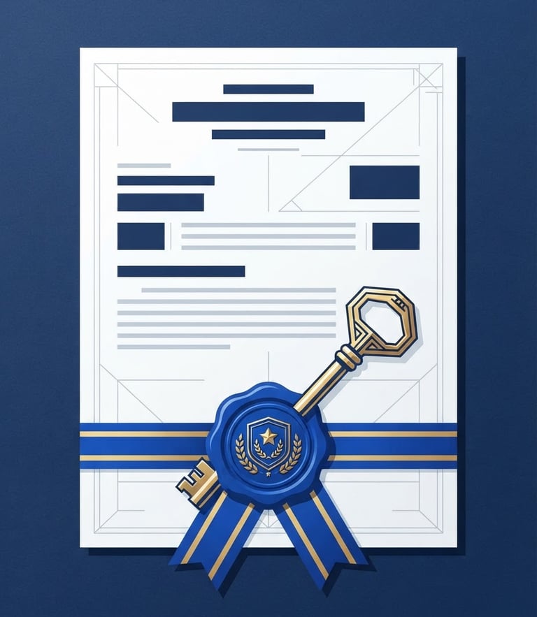 Clean geometric flat vector illustration of an official legal contract document with a royal blue wax seal and a brass key, high-key digital studio lighting, navy and gold tones