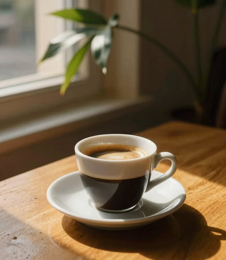 Primo piano ravvicinato di una tazza di caffè espresso a regola d'arte servita su un vassoio di ottone lucido, con luce dorata del tardo pomeriggio che filtra da una finestra tropicale