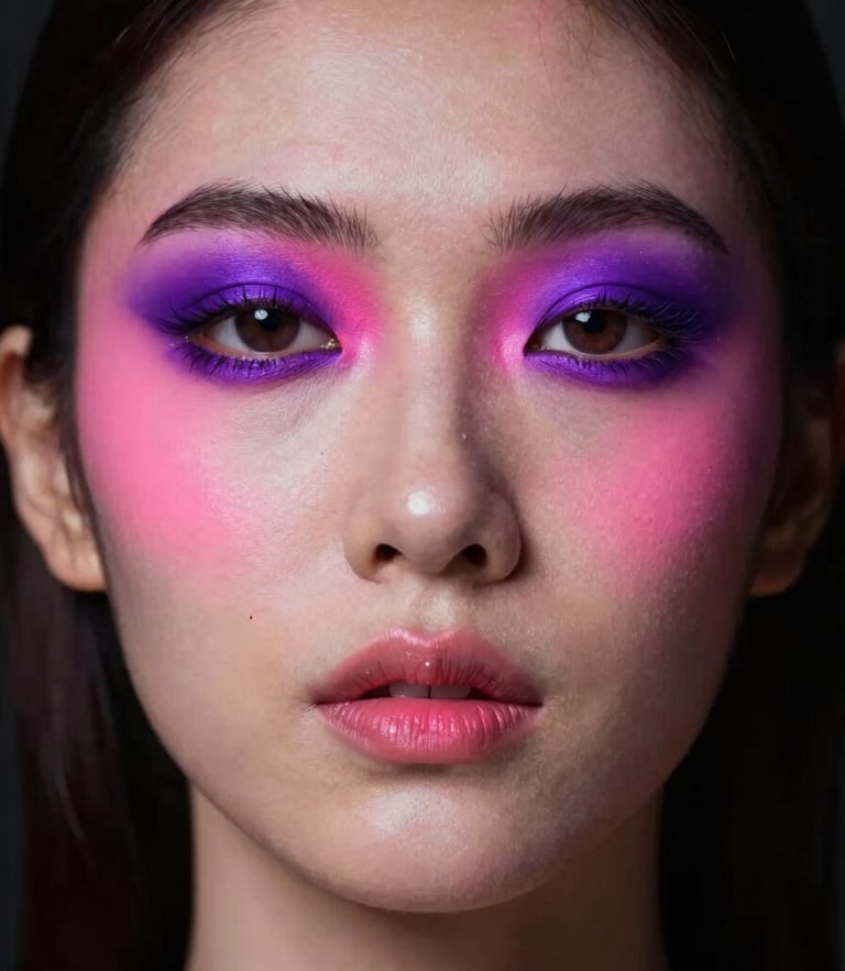 Dramatic close-up studio portrait of a model with high-pigment graphic eyeshadow in neon pink and deep purple, sharp key lighting, subtle pink rim light highlighting skin texture, dark moody background, 85mm lens
