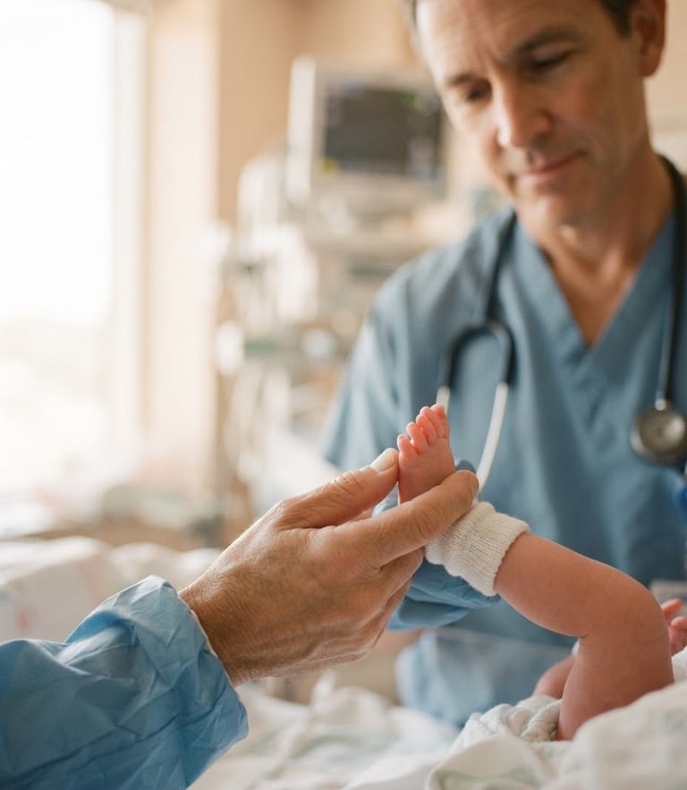 A specialized neonatologist gently holding a newborn's tiny foot under soft, warm window light, shallow depth of field, 35mm photography