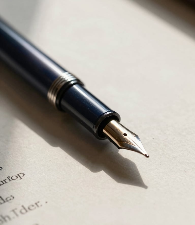 Macro shot of a heavy fountain pen resting on a detailed, textured promissory note contract, soft directional office window light, high contrast