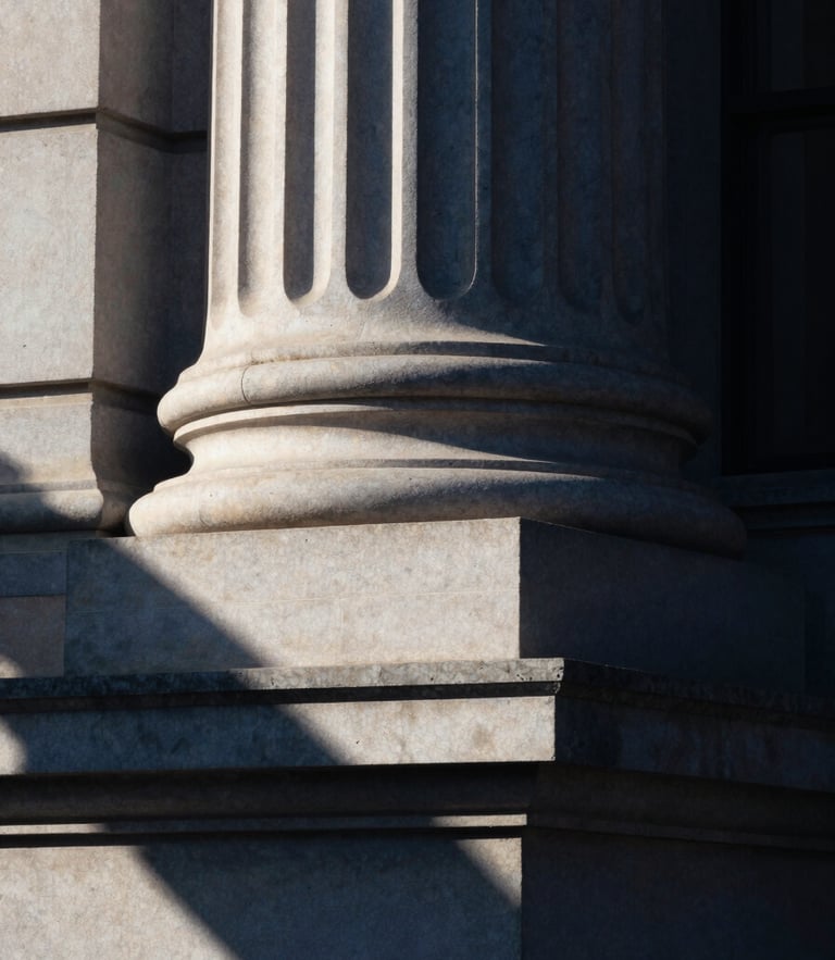 Macro shot of a classic stone pillar of an institutional financial building, sharp geometric shadows, soft morning window light, deep navy tones, editorial 35mm photography.