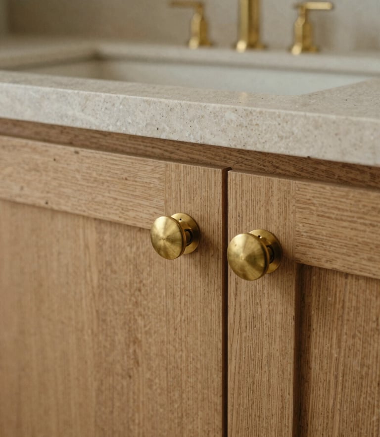A close-up of raw honed limestone and brushed brass hardware on grain-matched oak, natural side-lighting, medium format film.