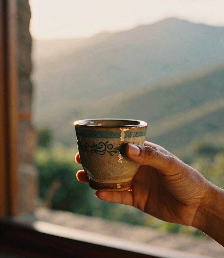 Soft warm lighting, hands holding a textured ceramic cup of mezcal, background of misty mountains of Oaxaca, 35mm film style
