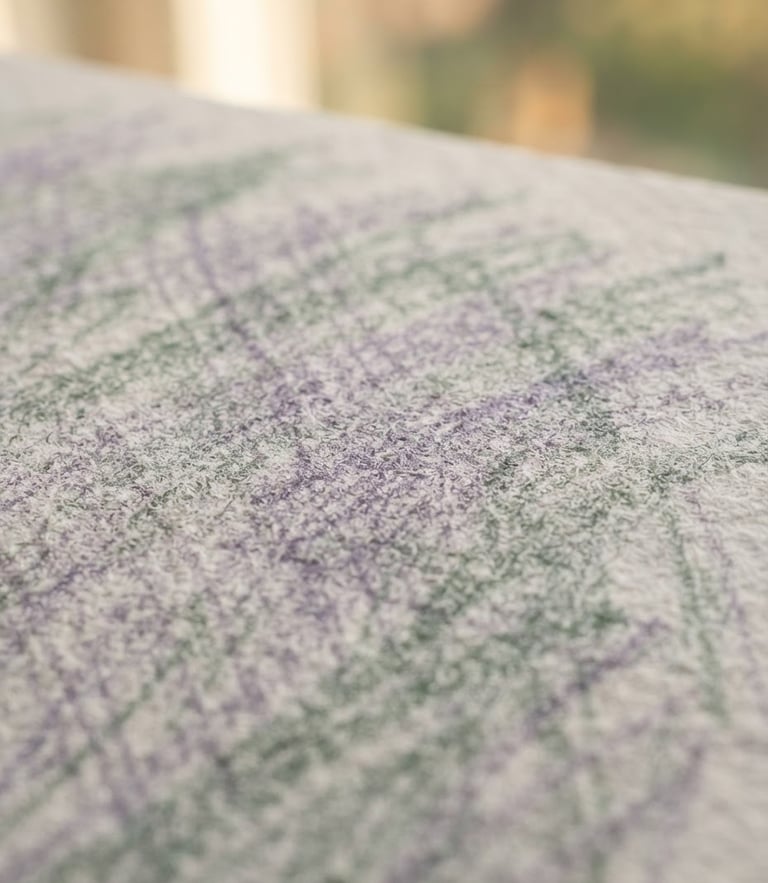 Macro close-up of textured artist paper with soft colored-pencil strokes in lavender and sage, sunlit studio background, extremely shallow depth of field