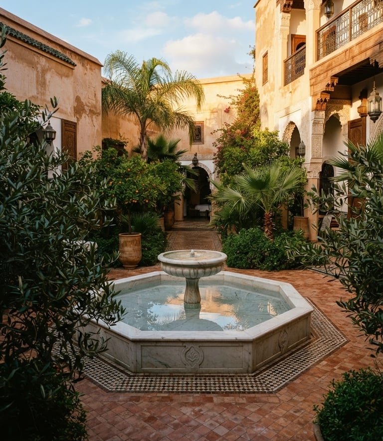 A high-contrast medium-format photo of a luxury Rabat courtyard, featuring a central marble water basin reflecting palm trees, surrounded by terracotta tiling and lush green olive branches under golden hour sun.
