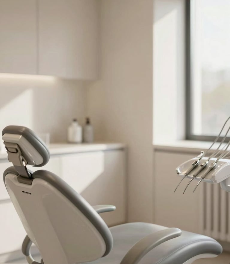 Warm editorial photography of a clean minimalist dental studio, soft natural daylight, elegant interior with neutral tones, shallow depth of field, 35mm lens