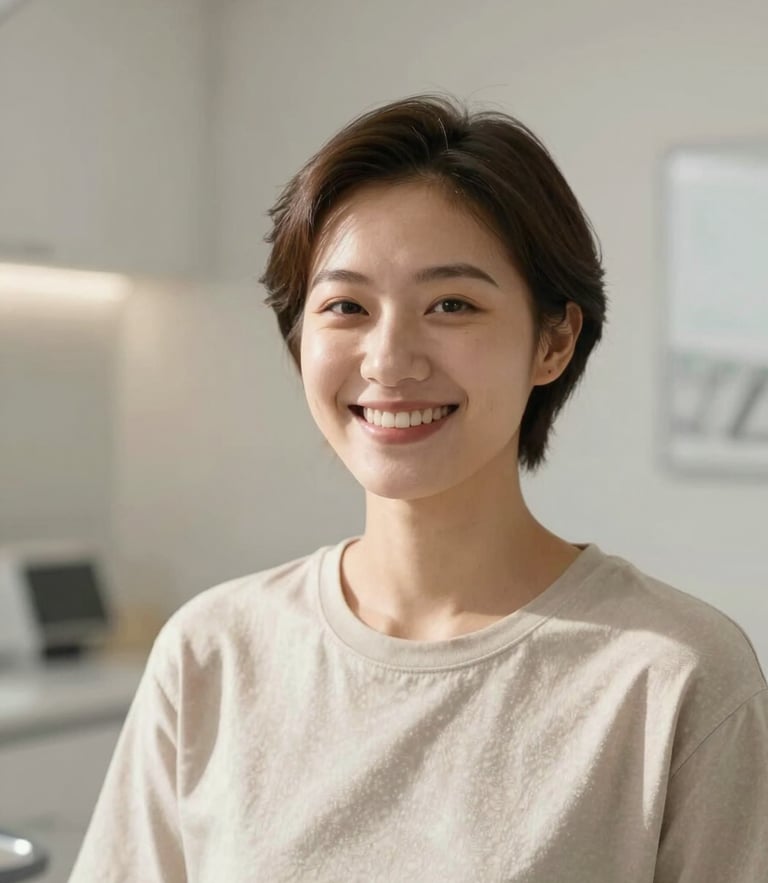 Warm editorial photography of a confident, natural smile, soft natural daylight, clean minimalist dental studio, neutral tones, shallow depth of field, 35mm lens