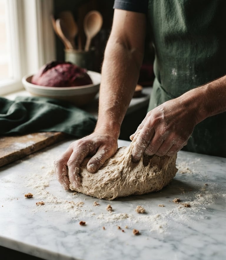 Close-up of hands kneading sourdough on a flour-dusted marble counter, soft Scandinavian side-lighting, warm shadows, editorial food photography