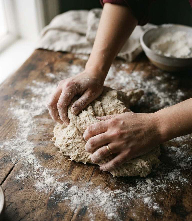 An overhead close-up of hands kneading sourdough on a floured wooden table, soft morning window light, 35mm film grain
