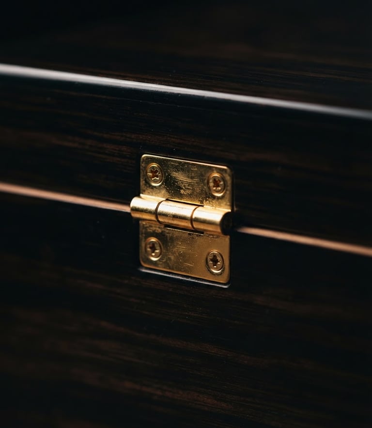 Moody luxury photography, low-key dramatic side-lighting, macro shot of a gold hinge on a dark Spanish cedar humidor, 35mm