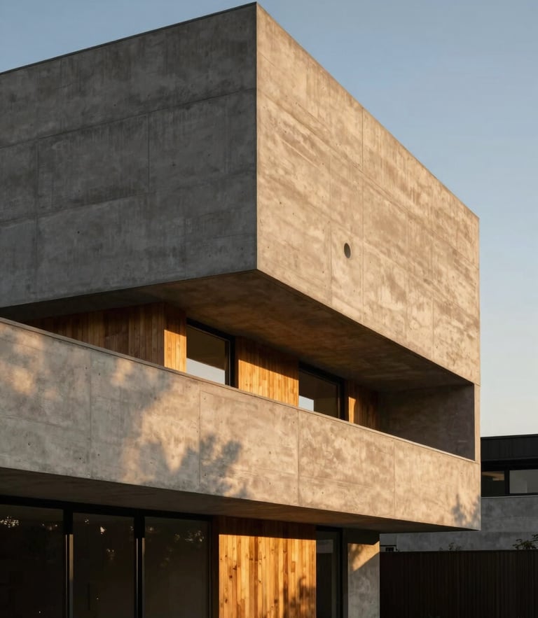 Warm architectural photography of a modern concrete and timber home exterior, sharp geometric angles, dramatic golden-hour sunlight casting long shadows, 35mm