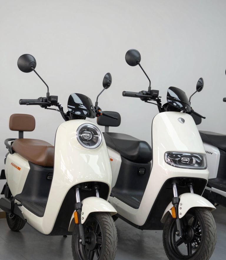 Three-quarter profile of an electric cargo rickshaw and a sleek electric scooter parked side-by-side in a bright showroom, neutral background, clean daylight.