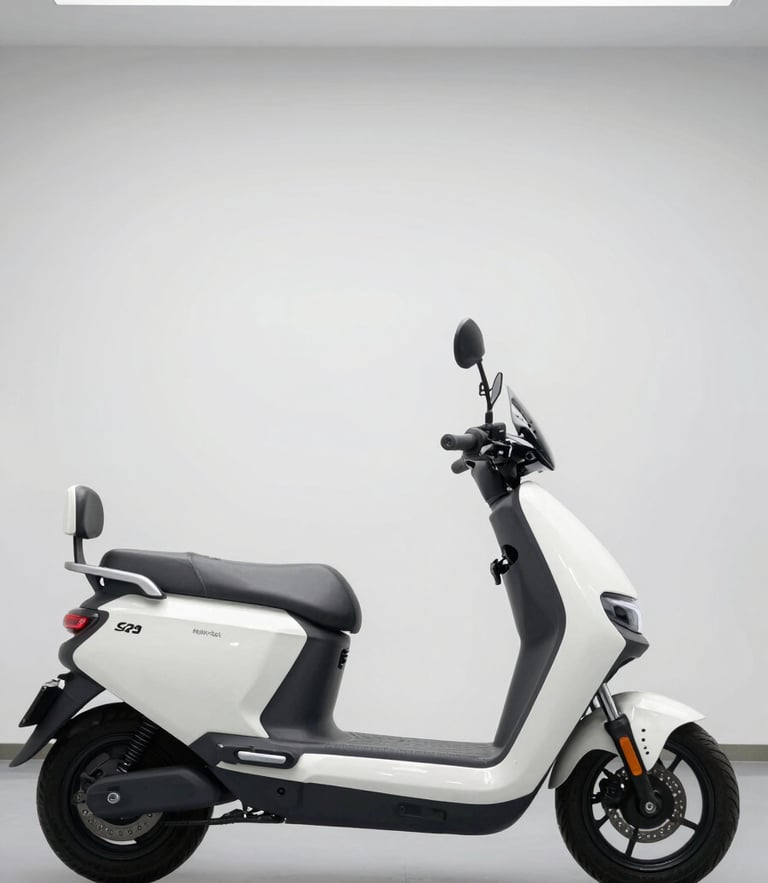 Eye-level three-quarter profile of a sleek electric scooter parked in a bright, modern showroom, clean white studio lighting, neutral background, crisp details.