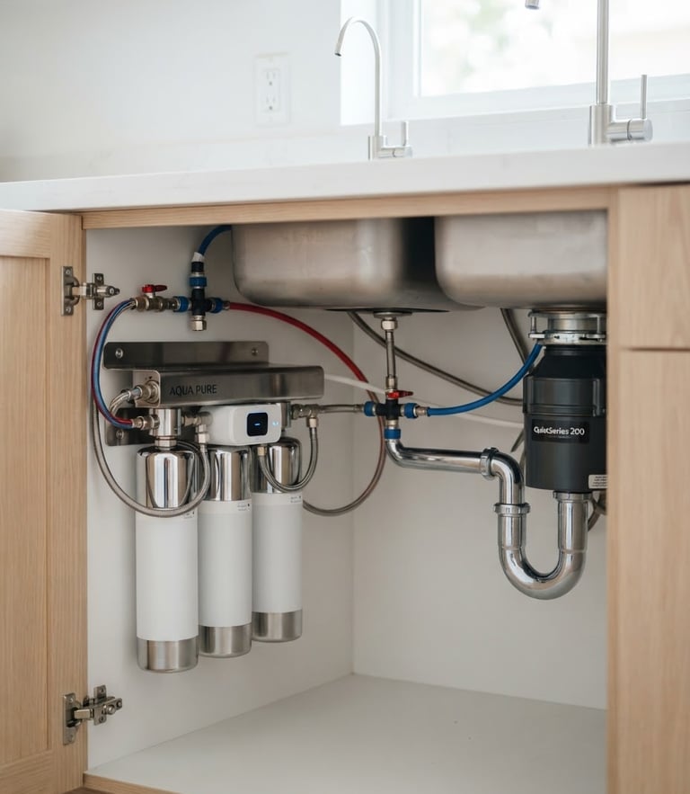 Close-up of a high-end water filtration system installed under a clean kitchen sink, bright natural daylight, shallow depth of field, minimalist home environment