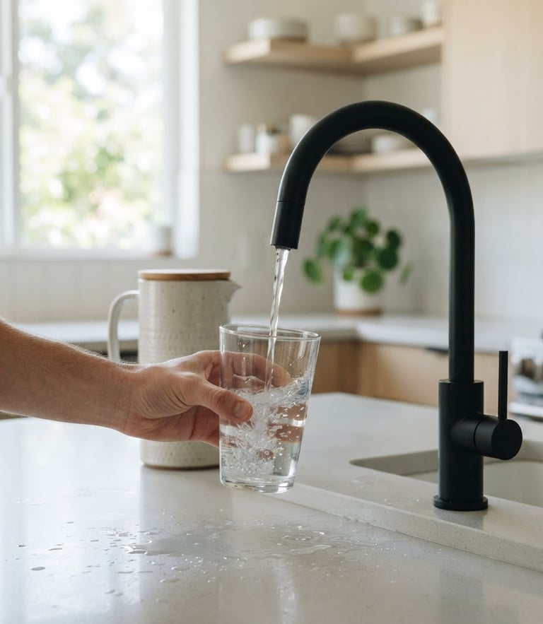 Bright editorial photography of a clean minimalist kitchen with soft natural daylight, a glass of water being filled from a modern matte black faucet, shallow depth of field