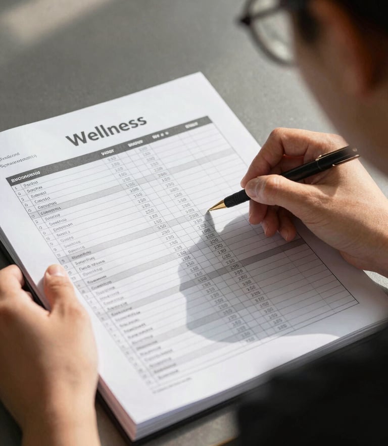 Over-the-shoulder view of a student analyzing a structured wellness workbook with clear data tables and behavioral charts, natural morning light
