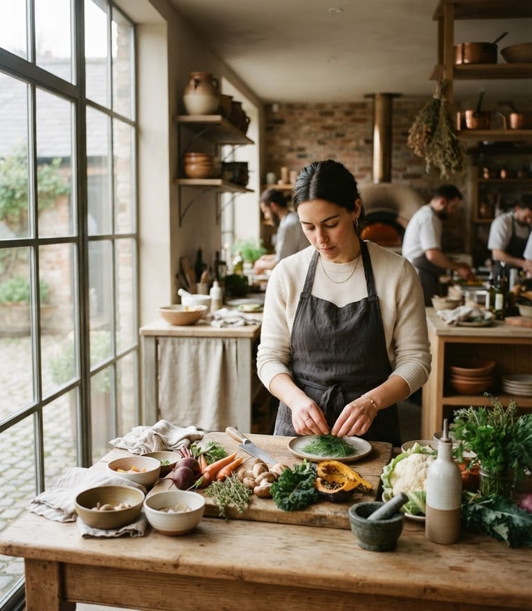 Cozy Scandinavian-style restaurant interior, raw ingredients on prep tables, soft natural window light, muted earthy tones, 35mm film.