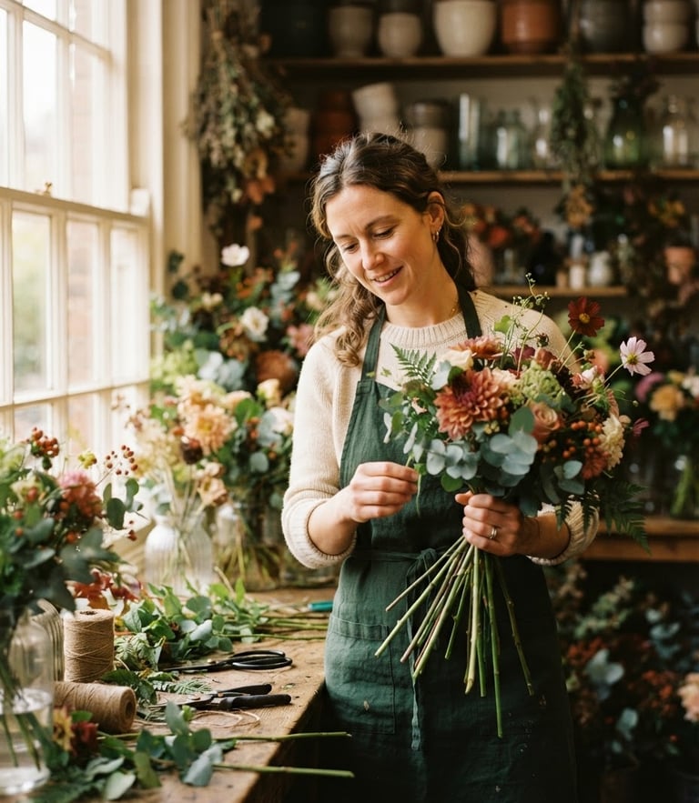Medium-close environmental portrait of a local florist arranging seasonal stems under soft natural window light, 35mm editorial style