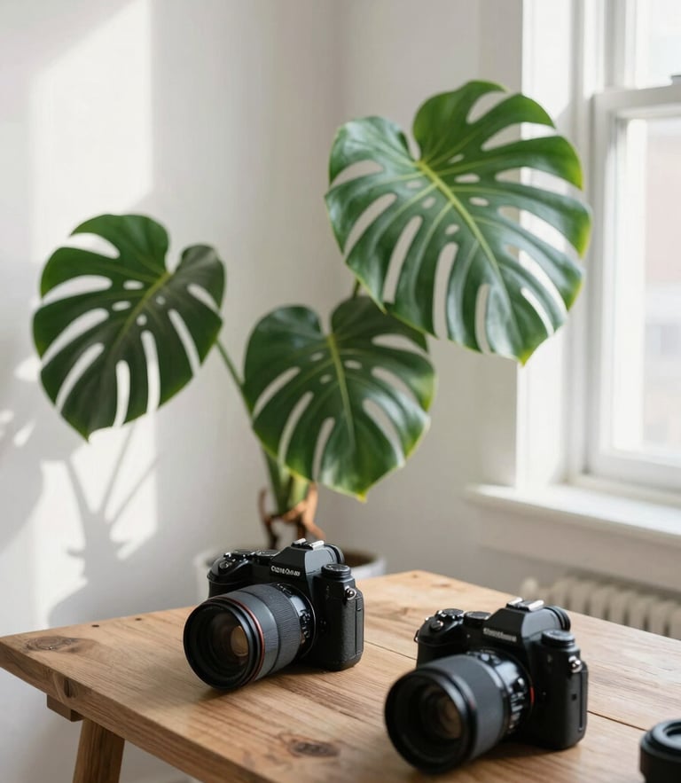 Cozy minimalist creative studio in Brooklyn, warm natural window light, a large lush Monstera plant in the corner casting soft shadows, rustic wooden desk, professional camera gear, 35mm photography