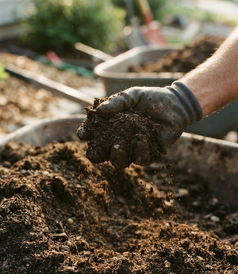 Close-up of rich dark engineered soil being handled by a commercial landscaper, morning grit, warm earthy tones, 35mm