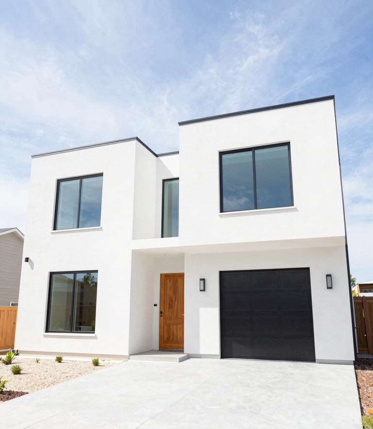 Bright architectural photography of a modern Utah home exterior, high-key natural daylight, clean sky, wide-angle lens