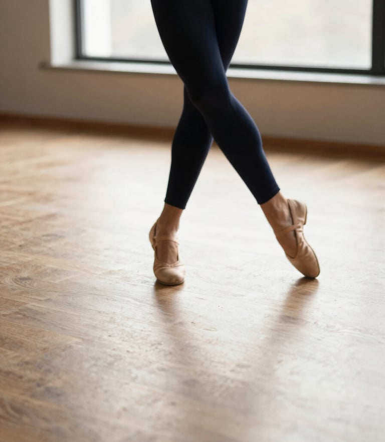 Warm sunlit dance studio floor with elegant motion blur of a dancer's feet in soft leather shoes, natural light streaming from a large window, shallow depth of field, warm editorial style.