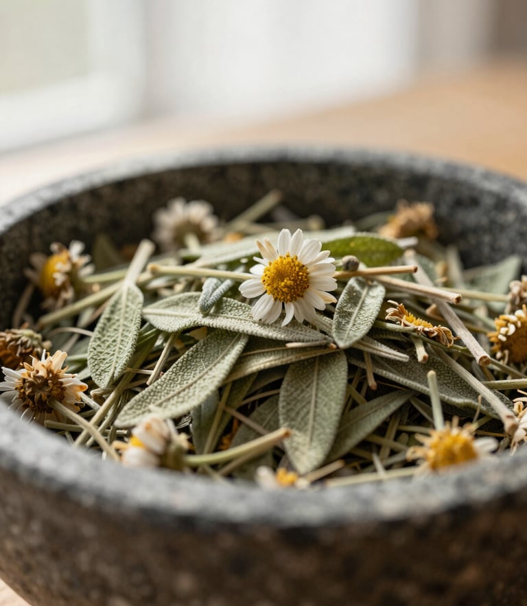 Close-up macro shot of dried sage leaves and chamomile flowers in a hand-carved stone bowl, soft diffused morning window light, warm shadows, shallow depth of field, 35mm