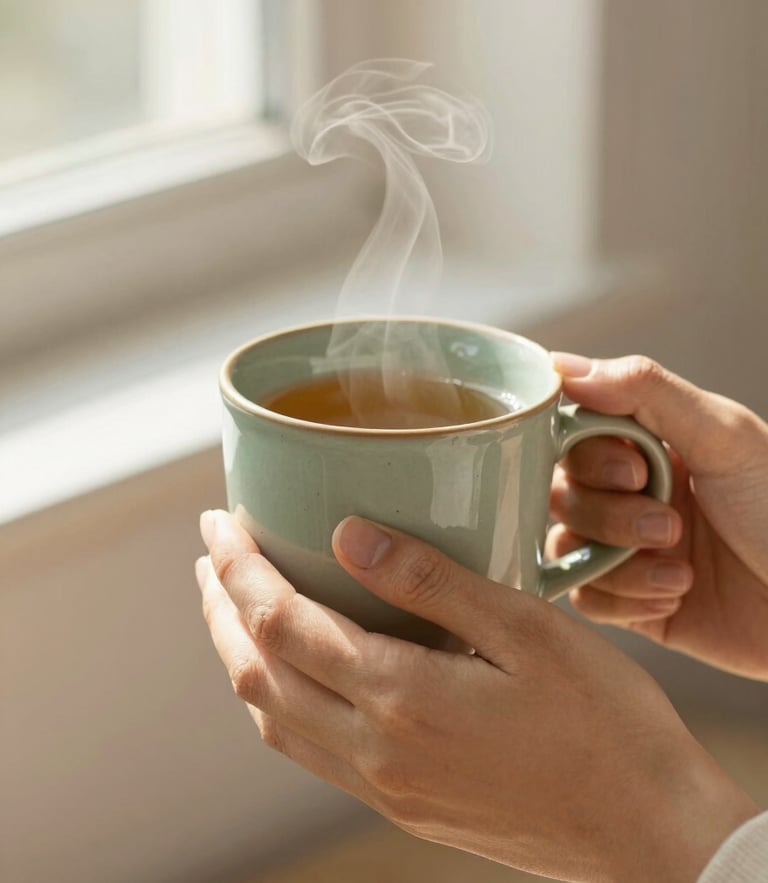 Close-up of hands gently holding a warm ceramic mug, soft diffused morning window light, herbal tea steam rising, warm sand and sage green tones, shallow depth of field, 35mm