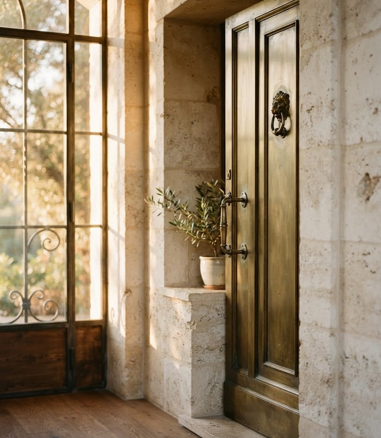 Close-up of a serene sun-dappled travertine entryway with a heavy brass door, soft golden-hour window light, warm editorial photography, 35mm