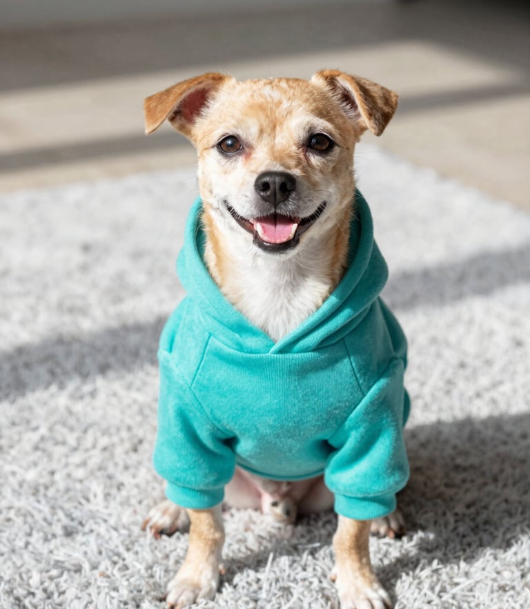 A happy small dog wearing a vibrant custom teal hoodie, sitting comfortably on a soft light gray rug, bright cheerful natural daylight, shallow depth of field