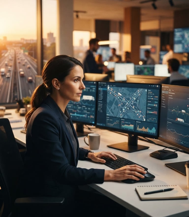 Focused professional dispatcher managing logistics routes on a modern screen, warm office lighting, clean corporate atmosphere, 35mm.