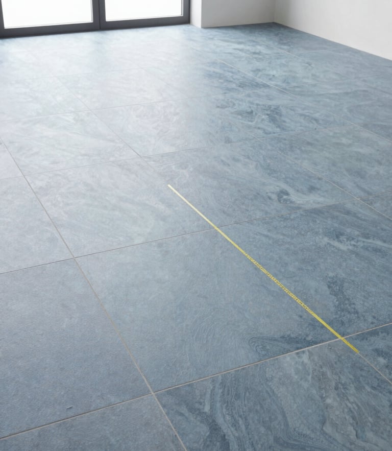 Low-angle shot of perfectly aligned large-format porcelain tiles in a bright modern kitchen, laser level line visible, cool slate blue tones, 35mm