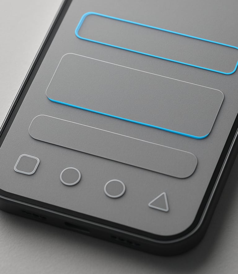 Macro close-up of a high-fidelity mobile interface on a physical device, sharp focus, neutral gray tones, electric blue accent lines, 35mm
