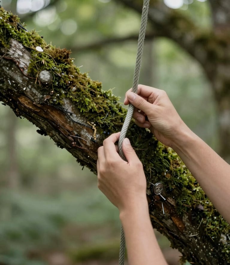 Soft editorial photography, filtered forest daylight, hands gently securing a soft climbing rope around a thick mossy oak branch, shallow depth of field, 35mm