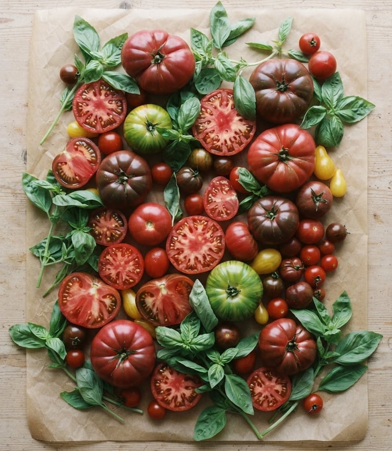 Overhead flat-lay of raw heirloom tomatoes and fresh basil on a textured parchment table, soft Scandinavian daylight, rich crimson tones, 35mm