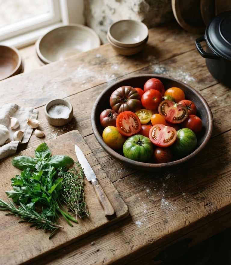 Overhead 35mm editorial shot of a rustic wooden kitchen counter during morning prep, raw heirloom tomatoes and fresh herbs bathed in soft Scandinavian daylight, rich crimson tones, tactile matte texture
