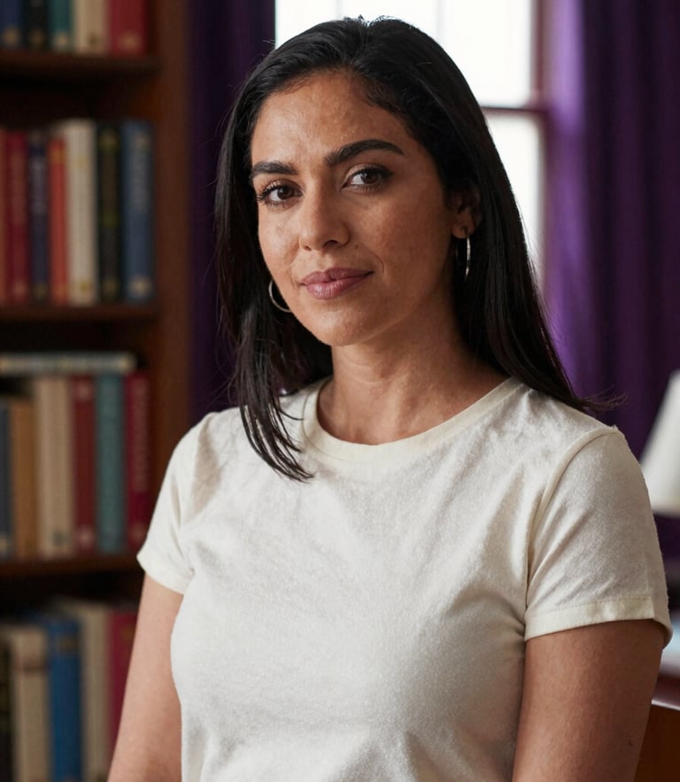 Environmental portrait of Ruj Cariaga in a warm, book-lined study, soft window light, shallow depth of field, 35mm photography
