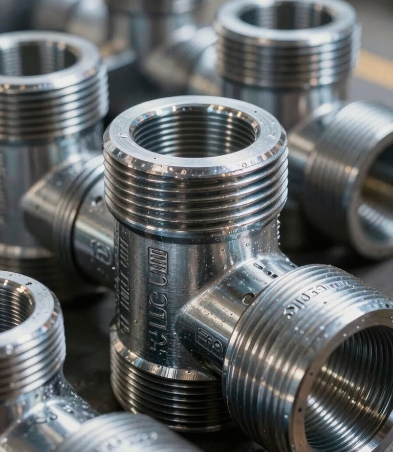 Close-up of industrial steel pipe couplings with stamped certification codes and precise threading, cool warehouse daylight highlighting metallic texture
