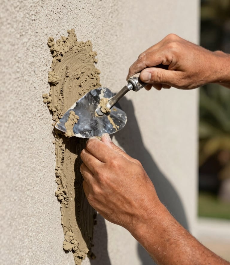 Close-up of a mason's hands using a steel trowel to apply wet sand-finish stucco to an exterior wall in bright Florida sunlight, highlighting the detailed texture.