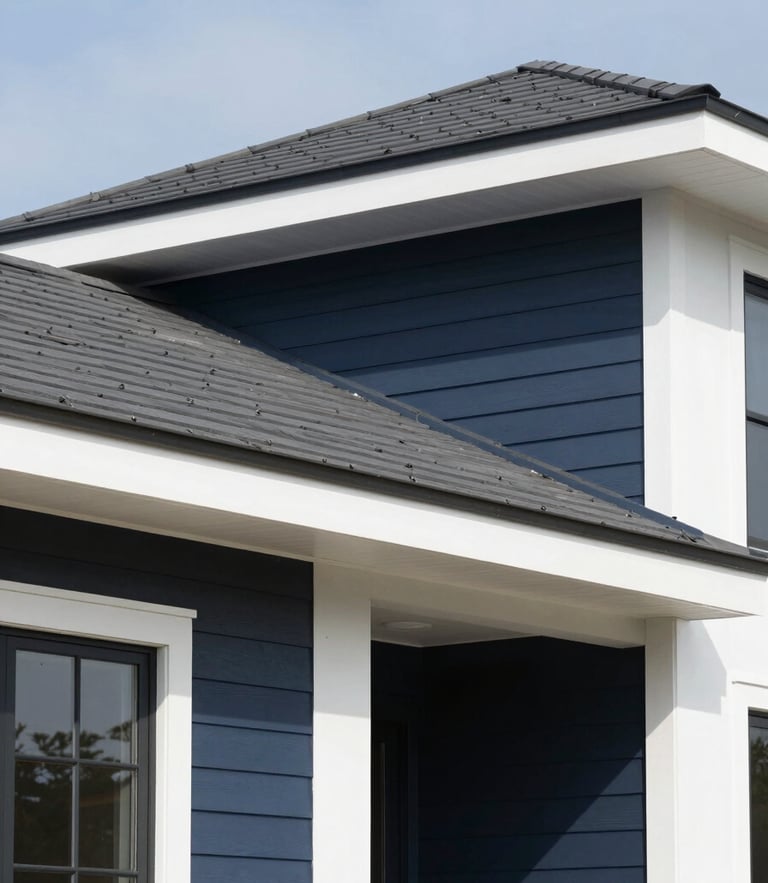 Crisp architectural photography of a modern home exterior showing clean siding lines and a newly completed roof under bright natural daylight.