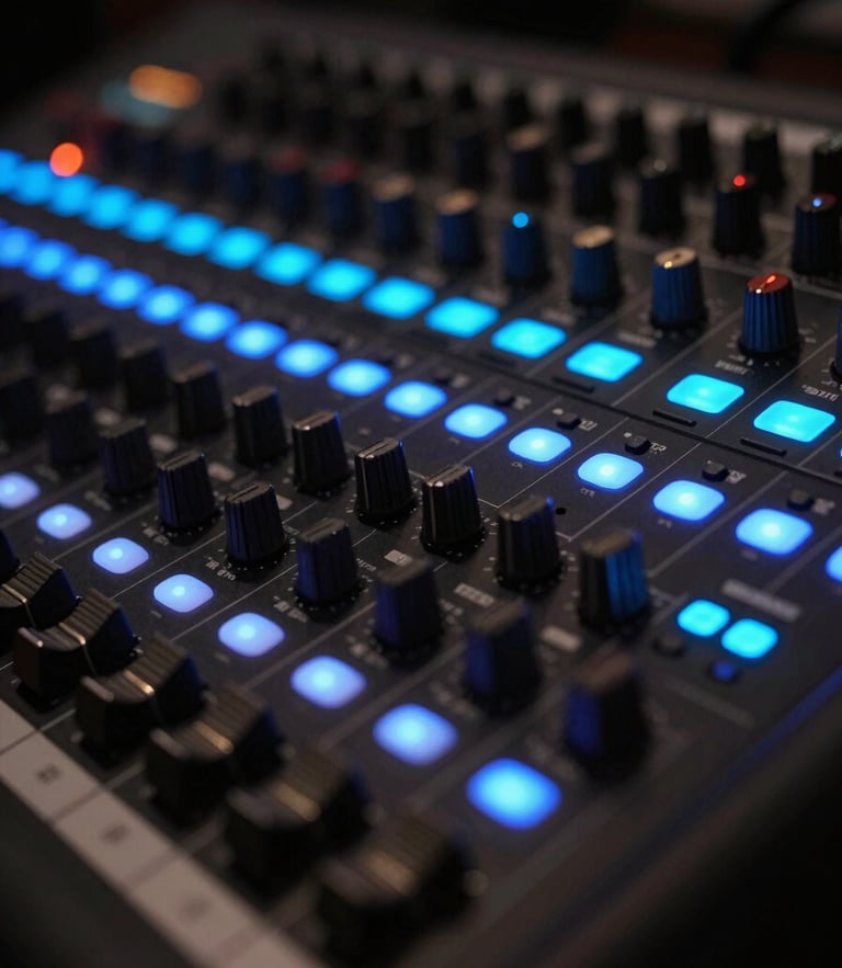Close-up of a professional mixing console with glowing blue and cyan LED indicators, dark matte-black hardware, shallow depth of field, low-key ambient event lighting.