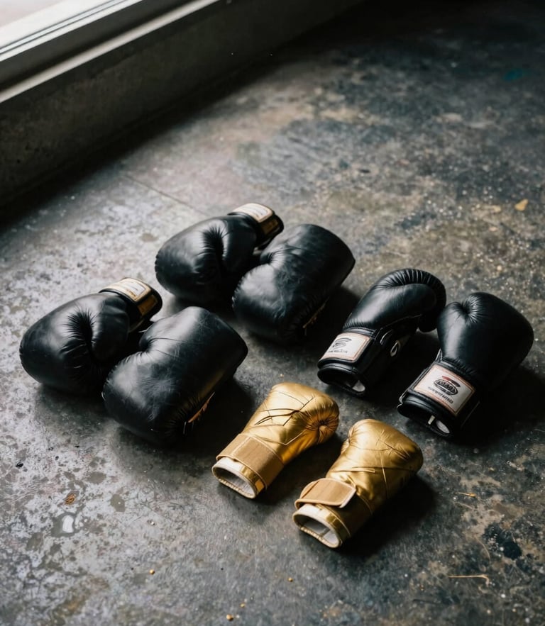 Gritty documentary photo of a clean layout of donated boxing equipment, including black leather gloves and gold handwraps, arranged on a worn concrete gym floor.