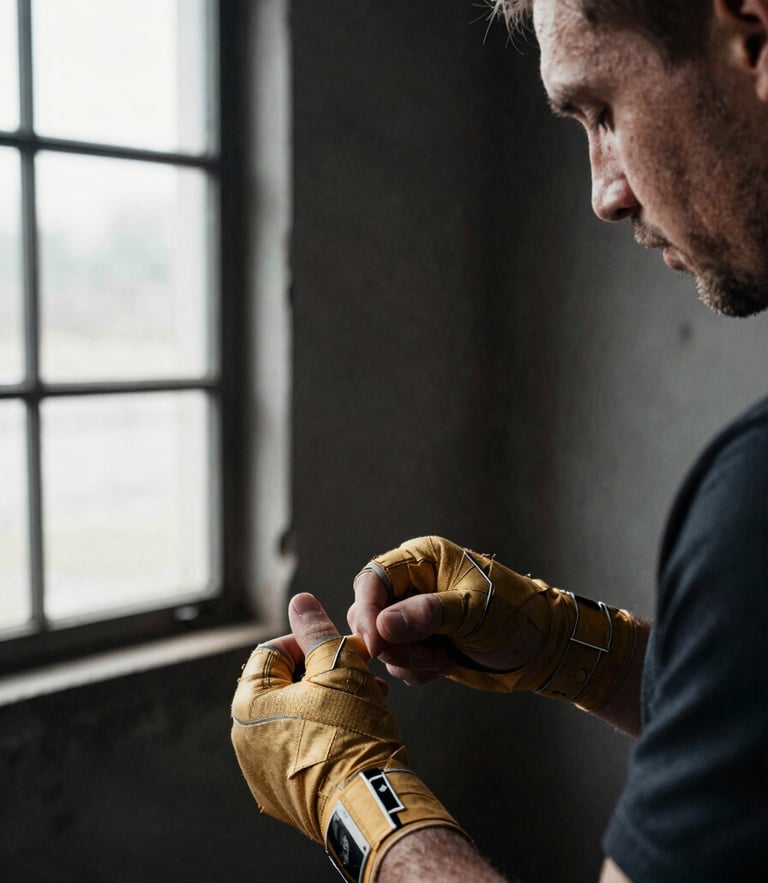 Close-up of a coach tightly wrapping a young boxer's hands with weathered gold wraps under dramatic side window light inside a rustic gym.
