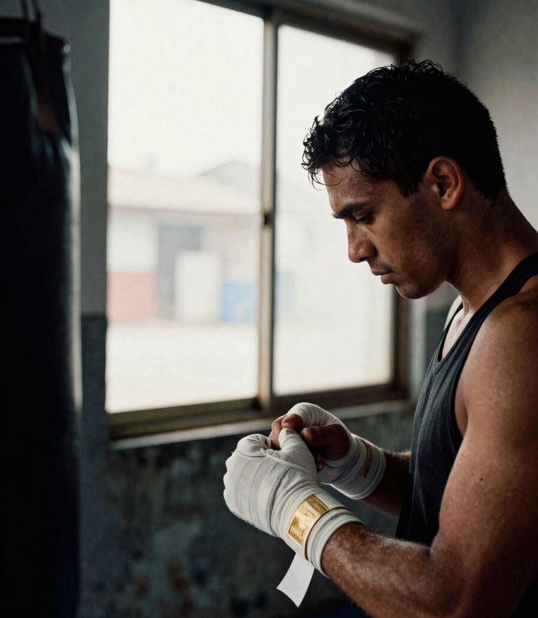Close-up of focused amateur boxer wrapping hands in high-contrast side window light inside a weathered community gym, gritty documentary photography, 35mm film style