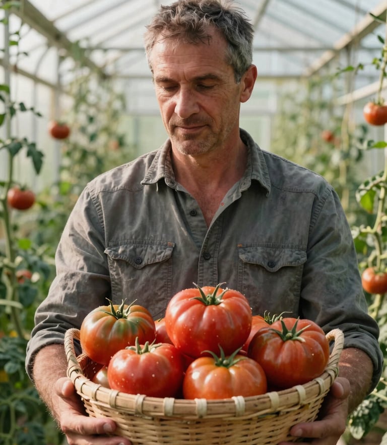 A local farmer holding a basket of fresh heirloom tomatoes in a sunlit greenhouse, dramatic morning light, high detail