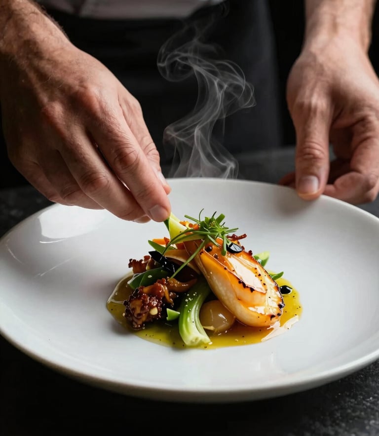 Macro shot of hands chef plating a vibrant dish, dark moody background, high-contrast chiaroscuro lighting, steam rising